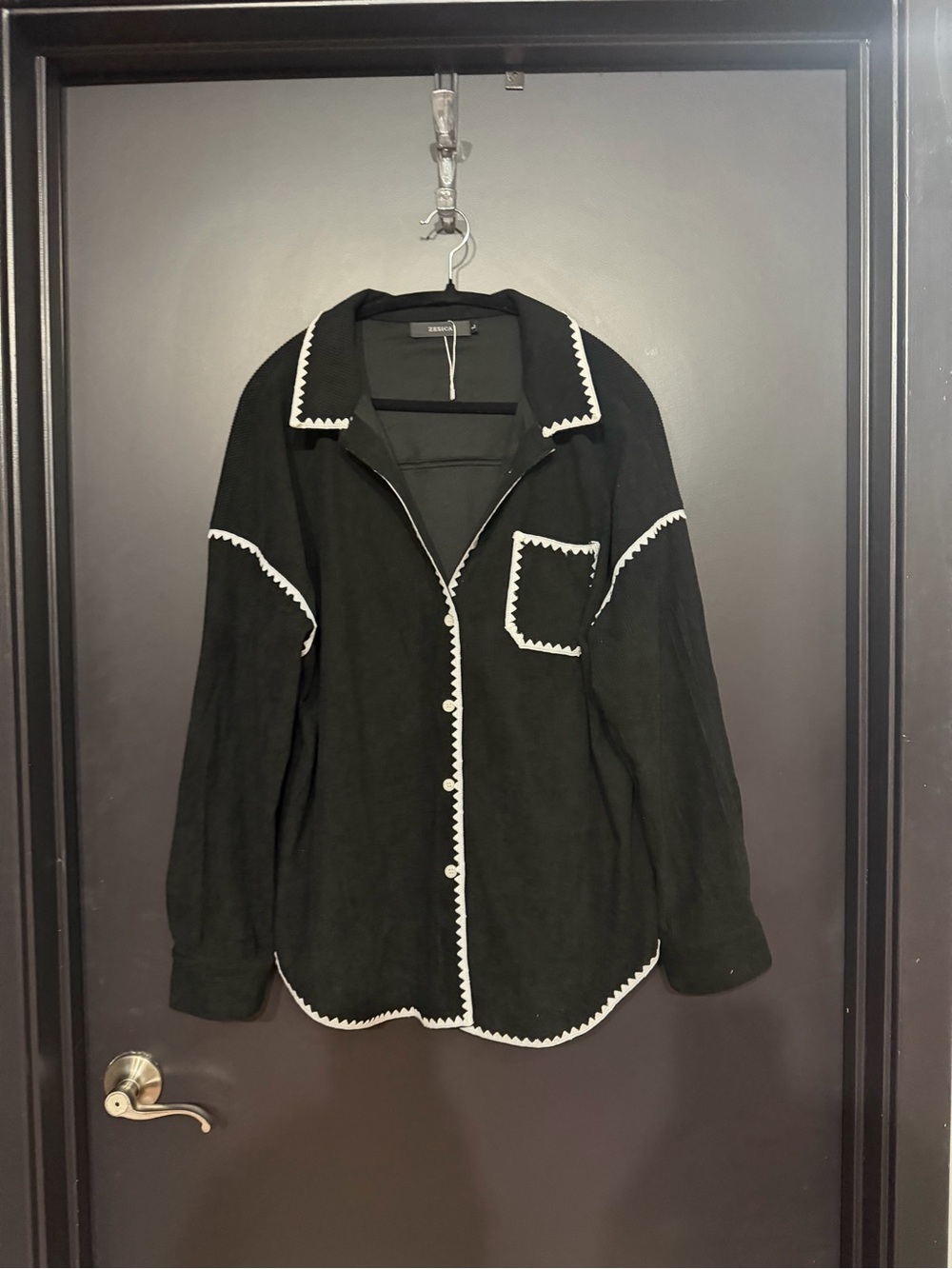 Black Button-Up Shirt with White Zigzag Trim